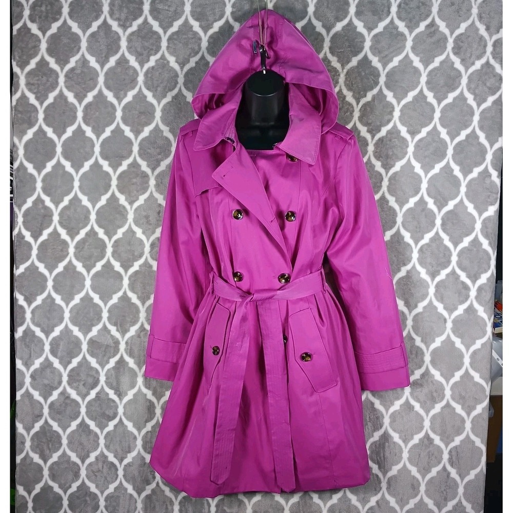 London Fog Trench Coat Women Large Pink Hooded Double Breasted Belted Jacket